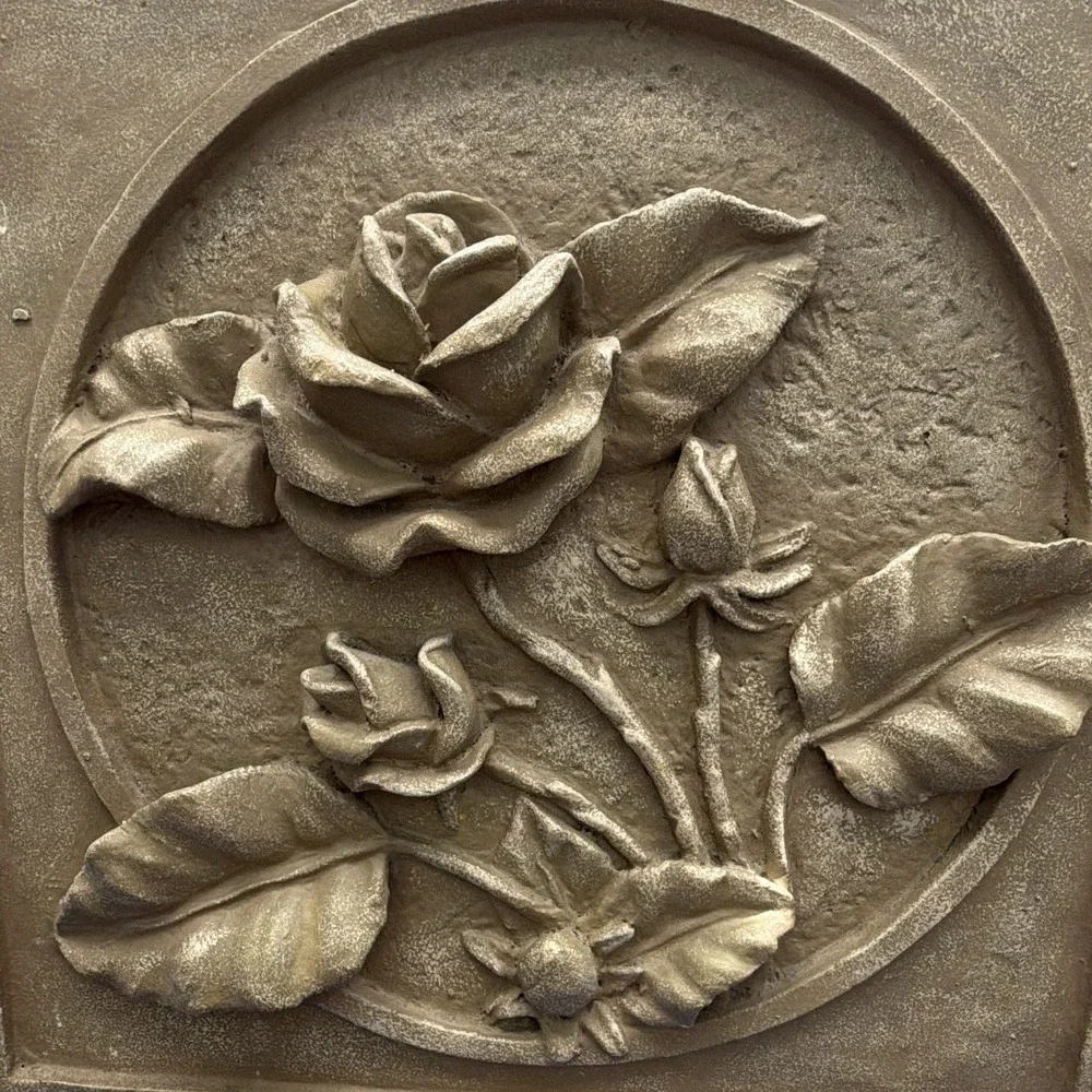 Beige Stone 3D Raised Rose Floral Relief Square Wall Plaque Hanging 9.5x9.5 in